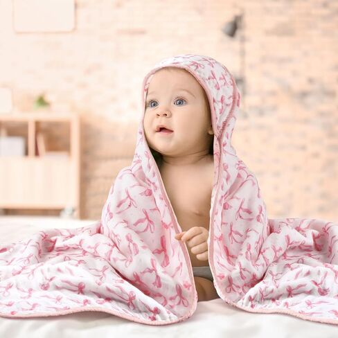 2 Pack Pink Bow Baby Towels for Newborn 100% Muslin Cotton Baby Bath Towel with Hood for Babies, Infant, Toddler and Kids, Large 32x32inch, Soft and Absorbent Kids Essential in Saudi Arabia