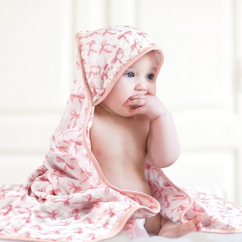 2 Pack Pink Bow Baby Towels for Newborn 100% Muslin Cotton Baby Bath Towel with Hood for Babies, Infant, Toddler and Kids, Large 32x32inch, Soft and Absorbent Kids Essential in Saudi Arabia