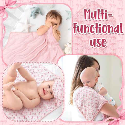 2 Pack Pink Bow Baby Towels for Newborn 100% Muslin Cotton Baby Bath Towel with Hood for Babies, Infant, Toddler and Kids, Large 32x32inch, Soft and Absorbent Kids Essential in Saudi Arabia