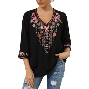Women's Boho Embroidered Tunic Top Floral V-Neck 3/4 Sleeve Blouse, Loose Fit Summer Casual Beach Shirt in Kuwait