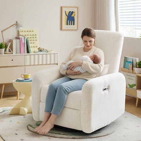 Nursery Rocking Chairs, 270° Large Power Swivel Glider Rocker Recliner w/USB & Type-C Charging Port, Rotating Rocking Reclining Nursing Chair for Breastfeeding, Living Room,Bedroom,Beige in Saudi Arabia