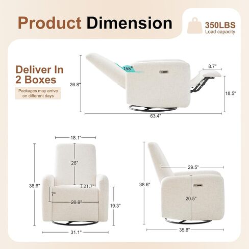 Nursery Rocking Chairs, 270° Large Power Swivel Glider Rocker Recliner w/USB & Type-C Charging Port, Rotating Rocking Reclining Nursing Chair for Breastfeeding, Living Room,Bedroom,Beige in Saudi Arabia