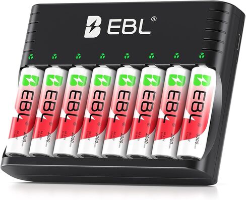 بطاريات ليثيوم AA قابلة لإعادة الشحن من EBL مع شاحن، 3000 مللي واط في الساعة، بطاريات مزدوجة بقدرة 3000 مللي أمبير في الساعة، 1.5 فولت 8 عبوات بطاريات AA 1600+ دورات مثالية للكاميرات الوامضة وأقفال الأبواب وفوانيس التخييم in Kuwait
