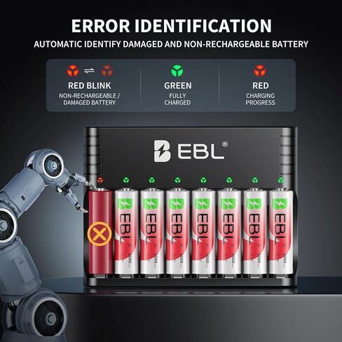 بطاريات ليثيوم AA قابلة لإعادة الشحن من EBL مع شاحن، 3000 مللي واط في الساعة، بطاريات مزدوجة بقدرة 3000 مللي أمبير في الساعة، 1.5 فولت 8 عبوات بطاريات AA 1600+ دورات مثالية للكاميرات الوامضة وأقفال الأبواب وفوانيس التخييم in Kuwait