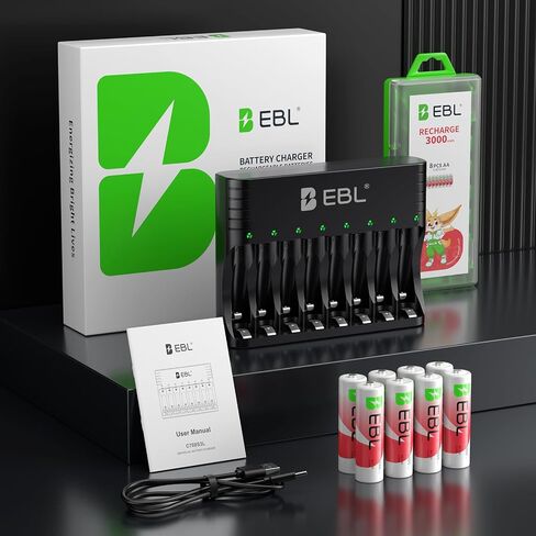 بطاريات ليثيوم AA قابلة لإعادة الشحن من EBL مع شاحن، 3000 مللي واط في الساعة، بطاريات مزدوجة بقدرة 3000 مللي أمبير في الساعة، 1.5 فولت 8 عبوات بطاريات AA 1600+ دورات مثالية للكاميرات الوامضة وأقفال الأبواب وفوانيس التخييم in Kuwait