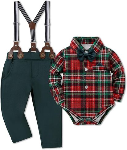 DISAUR Baby Boy Suit Outfit 4PCS Gentleman Set Romper with Suspender Pants Bow Tie and Beret Hat for Wedding 3-24 Months in Saudi Arabia