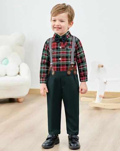 DISAUR Baby Boy Suit Outfit 4PCS Gentleman Set Romper with Suspender Pants Bow Tie and Beret Hat for Wedding 3-24 Months in Saudi Arabia