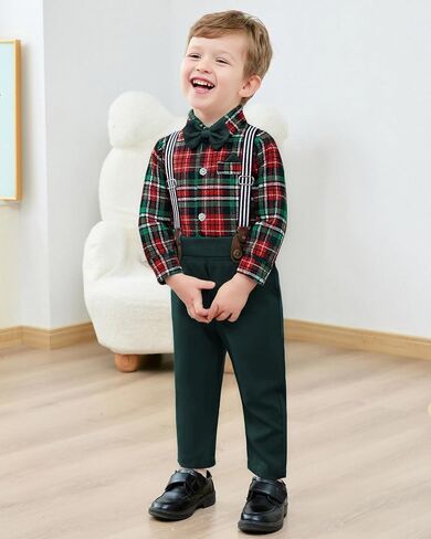 DISAUR Baby Boy Suit Outfit 4PCS Gentleman Set Romper with Suspender Pants Bow Tie and Beret Hat for Wedding 3-24 Months in Saudi Arabia