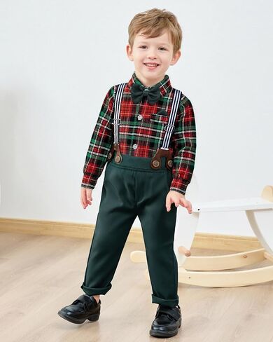 DISAUR Baby Boy Suit Outfit 4PCS Gentleman Set Romper with Suspender Pants Bow Tie and Beret Hat for Wedding 3-24 Months in Saudi Arabia