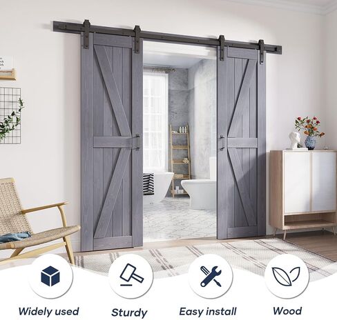 FREDBECK أبواب رمادية مزدوجة مقاس 24x84 بوصة، 48 باب حظيرة مع مجموعة أدوات باب الحظيرة 8FT متضمنة على شكل حرف K من خشب التنوب الطبيعي، أسطح خشبية مزدوجة، مطلوب تجميع بسيط، رمادي in Kuwait
