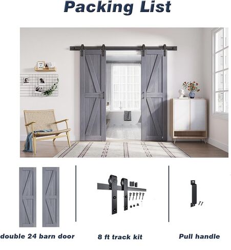 FREDBECK أبواب رمادية مزدوجة مقاس 24x84 بوصة، 48 باب حظيرة مع مجموعة أدوات باب الحظيرة 8FT متضمنة على شكل حرف K من خشب التنوب الطبيعي، أسطح خشبية مزدوجة، مطلوب تجميع بسيط، رمادي in Kuwait