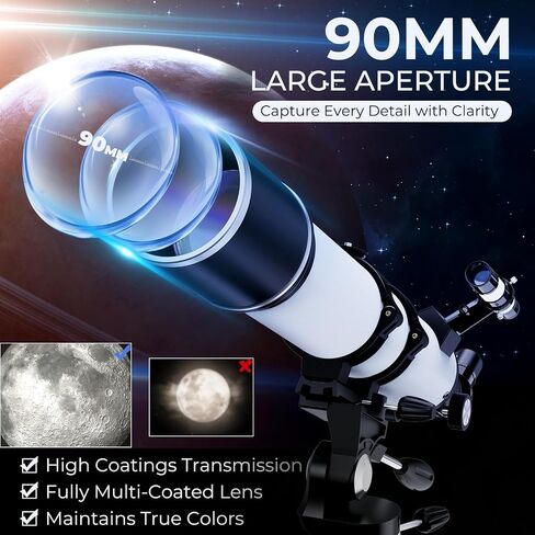90mm Aperture Telescope 800mm Focal Length Refractor for Beginners & Adult, Professional Astronomy Telescope with 32X-240X Magnification, 3X Barlow Lens & Phone Adapter in Saudi Arabia