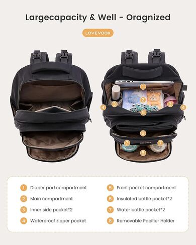 LOVEVOOK Diaper Bag Backpack, Baby Bag with Changing Pad for Mom Dad, Large Waterproof Mommy Bag with Stroller Buckles, Travel Essential with Pacifier Case & Insulated Bottle Pockets, Black in Saudi Arabia