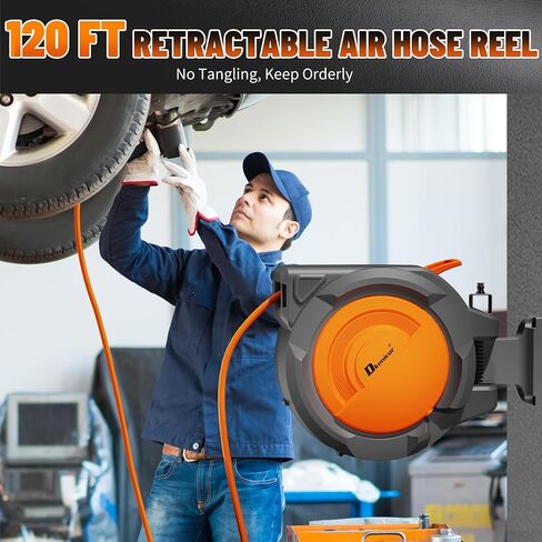 بكرة خرطوم هواء قابلة للسحب، خرطوم هجين مقاس 3/8 بوصة × 120 قدمًا، بكرة خرطوم ضاغط هواء مغلقة للترجيع التلقائي مع دعامة دوارة 180 درجة، بحد أقصى 300 رطل لكل بوصة مربعة، قفل لأي طول للمرآب وورشة العمل in Kuwait