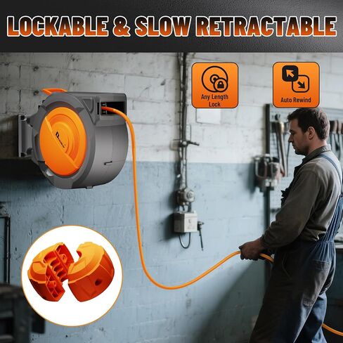 بكرة خرطوم هواء قابلة للسحب، خرطوم هجين مقاس 3/8 بوصة × 120 قدمًا، بكرة خرطوم ضاغط هواء مغلقة للترجيع التلقائي مع دعامة دوارة 180 درجة، بحد أقصى 300 رطل لكل بوصة مربعة، قفل لأي طول للمرآب وورشة العمل in Kuwait