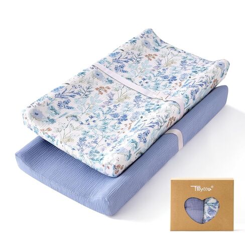 TILLYOU Muslin Changing Pad Cover for Baby Girls Boys, Soft and Breathable Cotton Diaper Changing Table Cover, 2 Pack(Blue Flower) in Kuwait