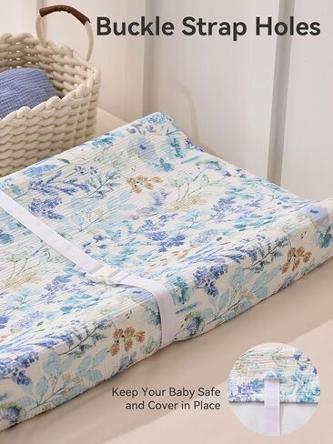 TILLYOU Muslin Changing Pad Cover for Baby Girls Boys, Soft and Breathable Cotton Diaper Changing Table Cover, 2 Pack(Blue Flower) in Kuwait