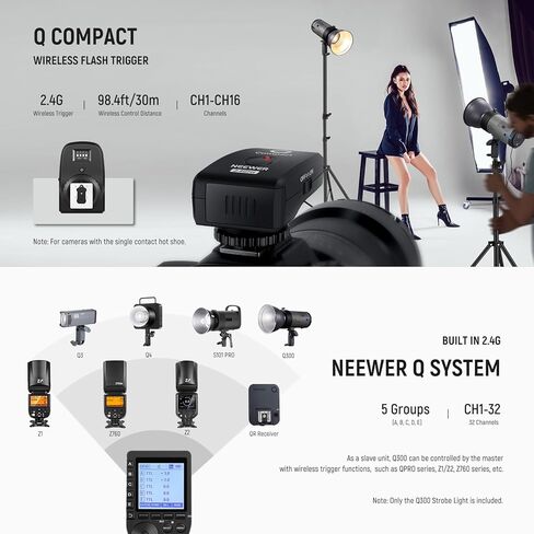 NEEWER Q300 300Ws 2.4G فلاش استوديو خارجي + بطارية احتياطية قابلة لإعادة الشحن لـ Q300/Vision 4/ML300، بطارية 7800 مللي أمبير في الساعة ستروب لايت للتصوير الفوتوغرافي اللاسلكي Monolight مع مشغل لاسلكي مدمج Q in Kuwait