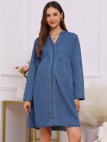 Women's Maternity Denim Dress Babydoll Long Sleeve Cotton Button Down Shirt Dresses Fall in Saudi Arabia