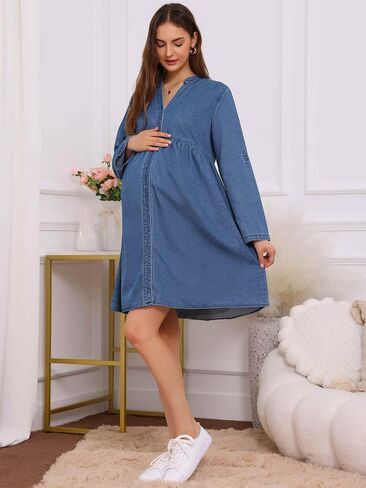 Women's Maternity Denim Dress Babydoll Long Sleeve Cotton Button Down Shirt Dresses Fall in Saudi Arabia