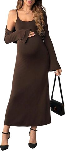 OYOANGLE Women's Maternity 2 Piece Outfits Scoop Neck Bodycon Long Cami Dress and Long Sleeve Cropped Cardigan Set in Saudi Arabia