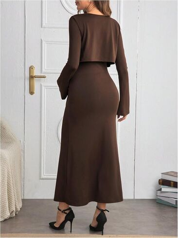 OYOANGLE Women's Maternity 2 Piece Outfits Scoop Neck Bodycon Long Cami Dress and Long Sleeve Cropped Cardigan Set in Saudi Arabia