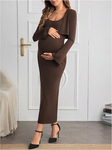 OYOANGLE Women's Maternity 2 Piece Outfits Scoop Neck Bodycon Long Cami Dress and Long Sleeve Cropped Cardigan Set in Saudi Arabia