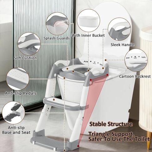 مقعد تدريب على استخدام المرحاض مع سلم مقعد متدرج، مقعد مرحاض للتدريب على استخدام الأطفال 3 في 1 للأولاد والبنات، نونية أطفال قابلة لضبط الارتفاع وقابلة للطي مع واقي من الرذاذ، ووسادة غير قابلة للانزلاق ومقابض أمان (رمادي) in Kuwait