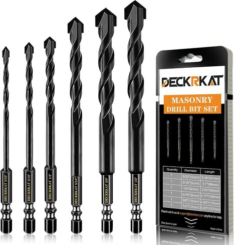 مجموعة لقم مثقاب البناء الأسود المكونة من 6 قطع من DECKRKAT للخرسانة والطوب والبلاط - رأس كربيد، تغيير سريع 1/4 بوصة ساق سداسية (5/32 بوصة، 3/16 بوصة، 1/4 بوصة، 5/16 بوصة، 3/8 بوصة، 1/2 بوصة) مع حقيبة تخزين in Kuwait