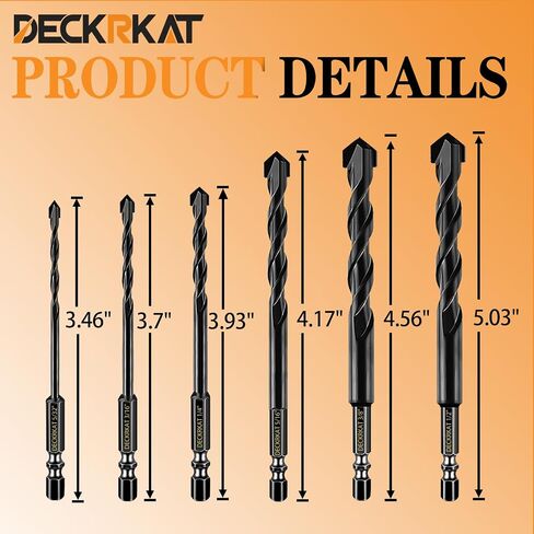 مجموعة لقم مثقاب البناء الأسود المكونة من 6 قطع من DECKRKAT للخرسانة والطوب والبلاط - رأس كربيد، تغيير سريع 1/4 بوصة ساق سداسية (5/32 بوصة، 3/16 بوصة، 1/4 بوصة، 5/16 بوصة، 3/8 بوصة، 1/2 بوصة) مع حقيبة تخزين in Kuwait