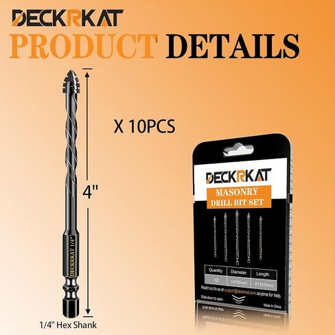 مجموعة لقم مثقاب البناء الأسود المكونة من 6 قطع من DECKRKAT للخرسانة والطوب والبلاط - رأس كربيد، تغيير سريع 1/4 بوصة ساق سداسية (5/32 بوصة، 3/16 بوصة، 1/4 بوصة، 5/16 بوصة، 3/8 بوصة، 1/2 بوصة) مع حقيبة تخزين in Kuwait