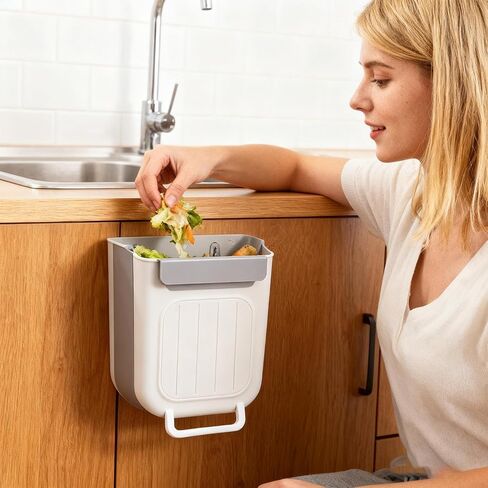 Wall Mounted Trash Can, Foldable Under Sink Design, Size 27.5x25x16cm, Cabinet Door Bin, Kitchen Waste Container, Space Saving Feature, for Bathroom Garage Apartment in Saudi Arabia