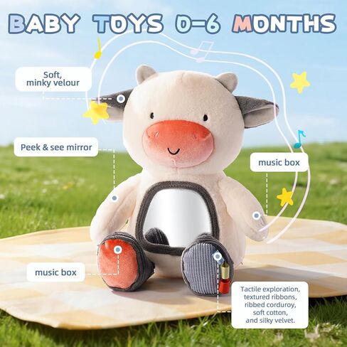 Koty Musical Tummy Time Toy,Baby Mirror Toy 3 Years Old, Infant Sensory Toy with Crinkle Sounds, Textures, Mirror & Melody Music Box for Tummy Time and Self-Discovery (White Cow) in Kuwait