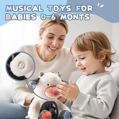 Koty Musical Tummy Time Toy,Baby Mirror Toy 3 Years Old, Infant Sensory Toy with Crinkle Sounds, Textures, Mirror & Melody Music Box for Tummy Time and Self-Discovery (White Cow) in Kuwait