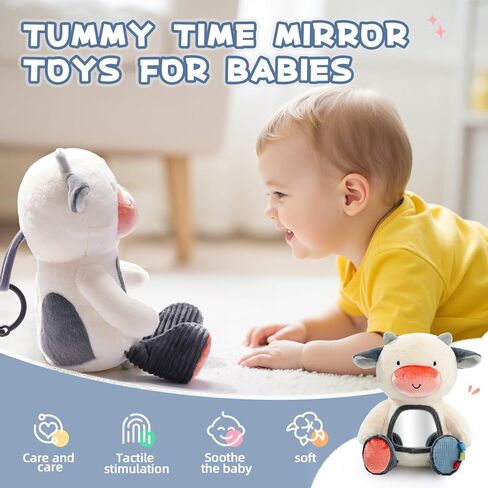 Koty Musical Tummy Time Toy,Baby Mirror Toy 3 Years Old, Infant Sensory Toy with Crinkle Sounds, Textures, Mirror & Melody Music Box for Tummy Time and Self-Discovery (White Cow) in Kuwait