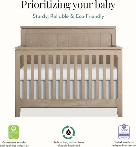 évolur Oakley 5-in-1 Convertible Full-Size Baby Crib in Hickory, GreenGuard Gold & JPMA, 3 Mattress Heights, Converts to Toddler, Day & Full-Size Bed, 3 Mattress Heights Safe Stylish Nursery in Saudi Arabia