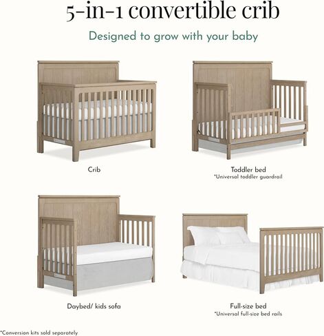 évolur Oakley 5-in-1 Convertible Full-Size Baby Crib in Hickory, GreenGuard Gold & JPMA, 3 Mattress Heights, Converts to Toddler, Day & Full-Size Bed, 3 Mattress Heights Safe Stylish Nursery in Saudi Arabia