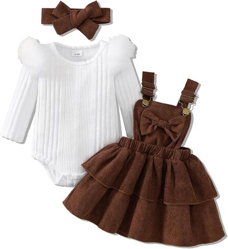 Baby Girl Fall Winter 3 Piece Corduroy Overall Dress with Headband | Long Sleeve Ribbed Bodysuit, Ruffle Shoulders, Adjustable Straps, Tiered Skirt, Bow Detail, Birthday Outfit in Saudi Arabia