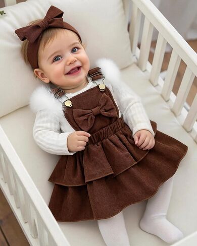 Baby Girl Fall Winter 3 Piece Corduroy Overall Dress with Headband | Long Sleeve Ribbed Bodysuit, Ruffle Shoulders, Adjustable Straps, Tiered Skirt, Bow Detail, Birthday Outfit in Saudi Arabia