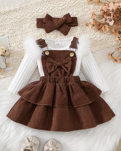 Baby Girl Fall Winter 3 Piece Corduroy Overall Dress with Headband | Long Sleeve Ribbed Bodysuit, Ruffle Shoulders, Adjustable Straps, Tiered Skirt, Bow Detail, Birthday Outfit in Saudi Arabia