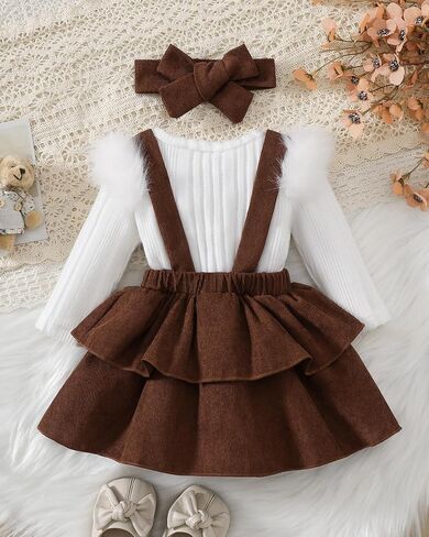 Baby Girl Fall Winter 3 Piece Corduroy Overall Dress with Headband | Long Sleeve Ribbed Bodysuit, Ruffle Shoulders, Adjustable Straps, Tiered Skirt, Bow Detail, Birthday Outfit in Saudi Arabia