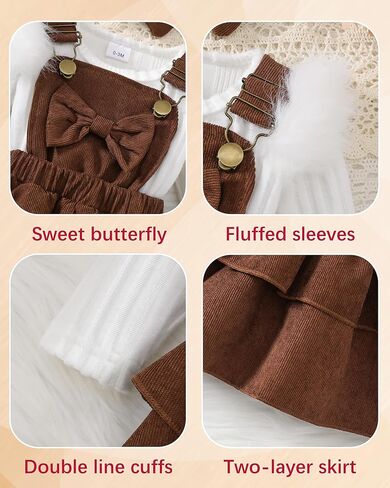 Baby Girl Fall Winter 3 Piece Corduroy Overall Dress with Headband | Long Sleeve Ribbed Bodysuit, Ruffle Shoulders, Adjustable Straps, Tiered Skirt, Bow Detail, Birthday Outfit in Saudi Arabia