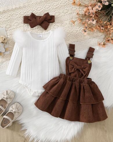 Baby Girl Fall Winter 3 Piece Corduroy Overall Dress with Headband | Long Sleeve Ribbed Bodysuit, Ruffle Shoulders, Adjustable Straps, Tiered Skirt, Bow Detail, Birthday Outfit in Saudi Arabia