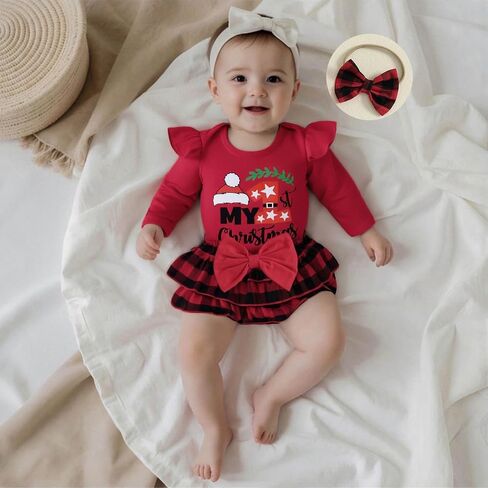 ملابس عيد الميلاد للفتيات من My First Baby بأكمام طويلة رومبير منقوشة وتنورة قصيرة وعصابة رأس مجموعات ملابس عيد الميلاد لحديثي الولادة in Kuwait