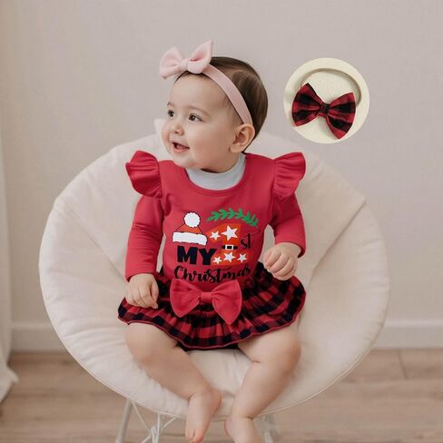 ملابس عيد الميلاد للفتيات من My First Baby بأكمام طويلة رومبير منقوشة وتنورة قصيرة وعصابة رأس مجموعات ملابس عيد الميلاد لحديثي الولادة in Kuwait