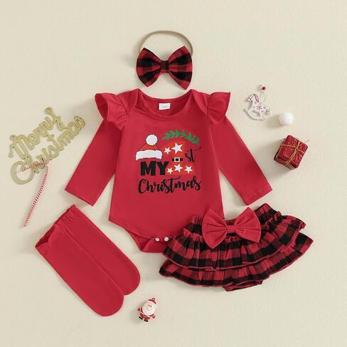 ملابس عيد الميلاد للفتيات من My First Baby بأكمام طويلة رومبير منقوشة وتنورة قصيرة وعصابة رأس مجموعات ملابس عيد الميلاد لحديثي الولادة in Kuwait