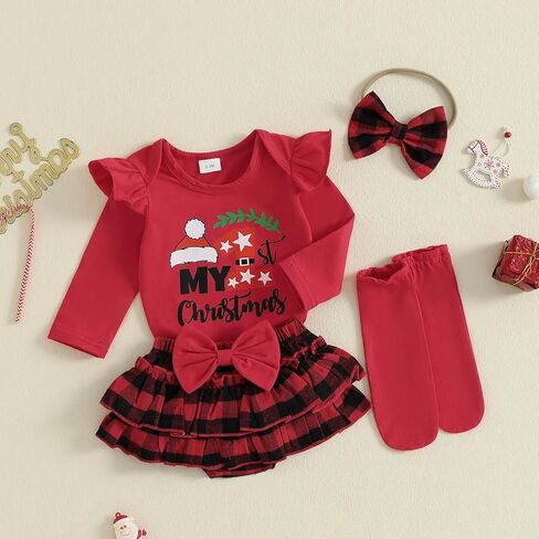ملابس عيد الميلاد للفتيات من My First Baby بأكمام طويلة رومبير منقوشة وتنورة قصيرة وعصابة رأس مجموعات ملابس عيد الميلاد لحديثي الولادة in Kuwait