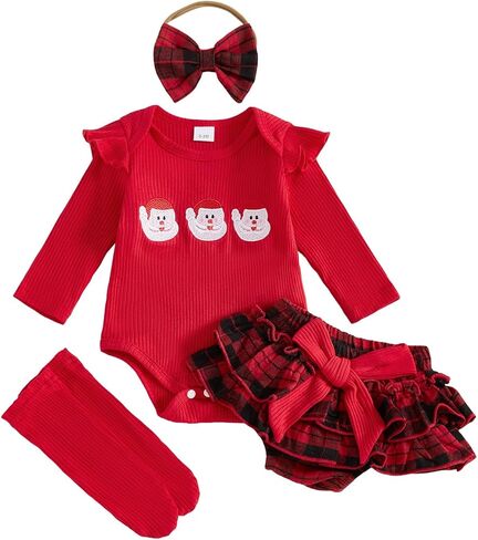 ملابس عيد الميلاد للفتيات من My First Baby بأكمام طويلة رومبير منقوشة وتنورة قصيرة وعصابة رأس مجموعات ملابس عيد الميلاد لحديثي الولادة in Kuwait