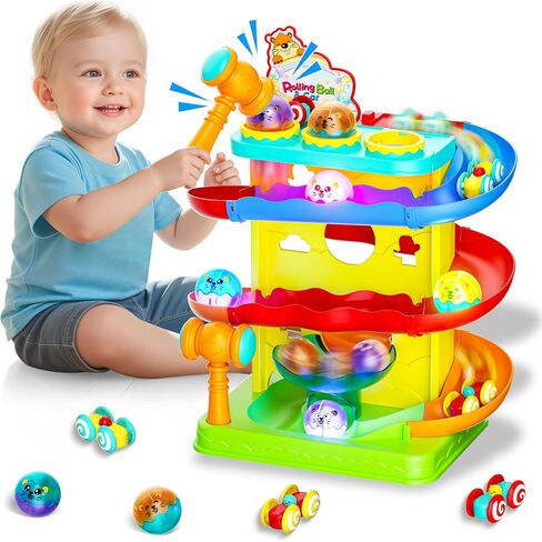 Funwee 2-in-1 Ball & Racing Car Ramp Toy for Toddlers, Race Track Hammer Rolling Lights Ball Drop, Interactive Montessori Learning Game Birthday Gift Idea for Kids 2 3 4 5+Year Old Girl Boy(Yellow) in Kuwait