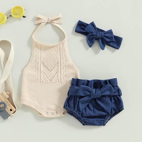 TheFound Toddler Baby Girls Knitted Outfit Tie-up Tank Top Elastic Waist Flower Shorts Summer Clothes 6 12 18 24 Months 2t 3t in Saudi Arabia